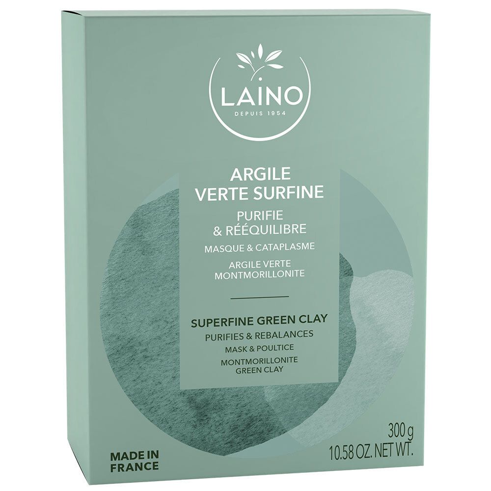 Boîte vert clair avec logo LAINO et nom du produit : Argile Verte Surfine. 300g, 10.58 oz Net Wt. Fabriqué en France.