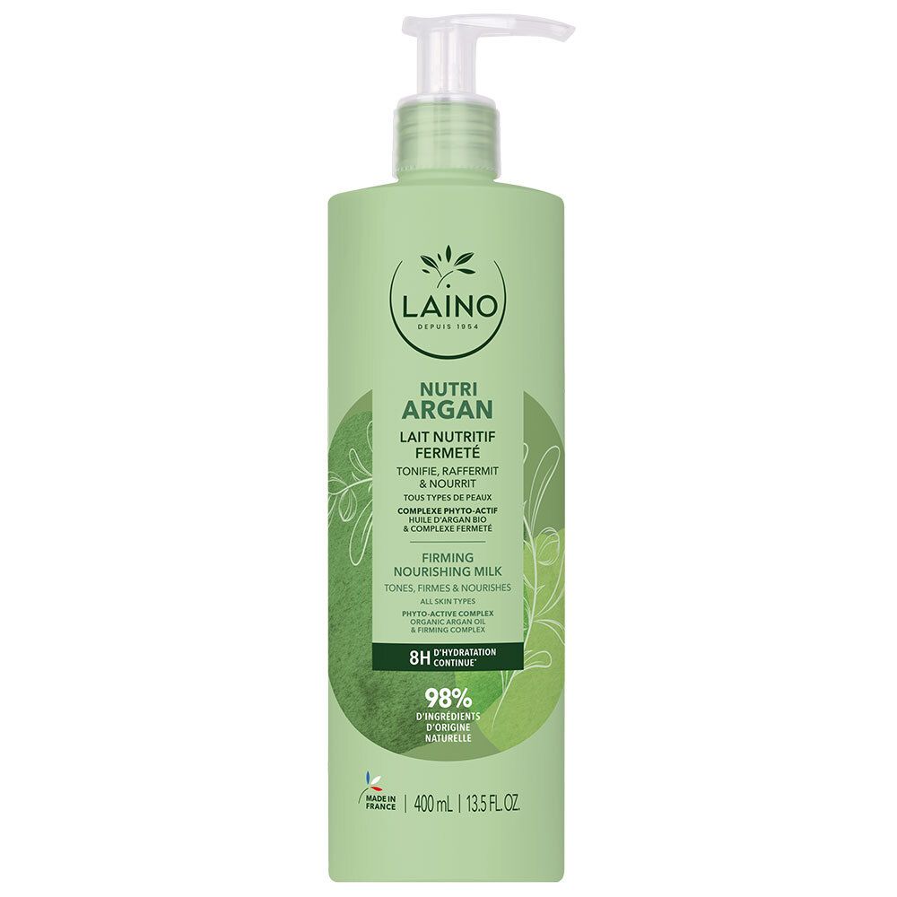 Flacon vert avec pompe. Logo LAINO, nom du produit et texte. 400ml. Certification BIO.