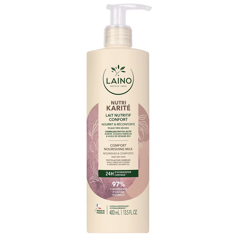 Flacon beige avec pompe. Inscription: LAINO, Nutri Karité, Lait Nutritif Confort. 400ml.