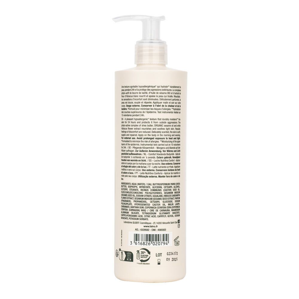 Dos d'un flacon beige avec pompe. Texte multilingue. Ingrédients et informations fabricant.