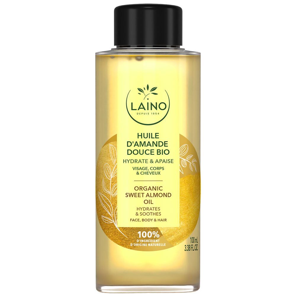 LAINO Huile d’amande douce bio. Bouteille d'huile jaune, bouchon noir. Étiquette avec informations produit.