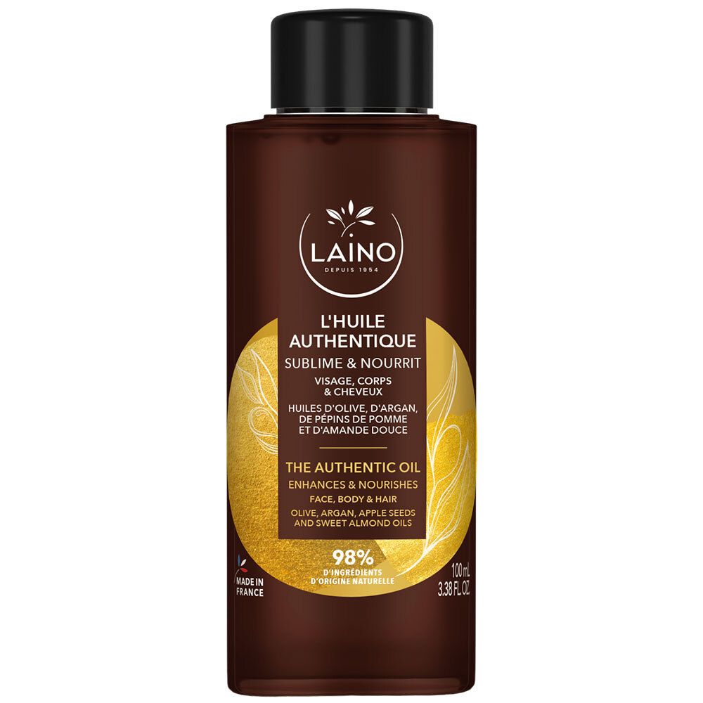Flacon marron avec bouchon noir. Inscription: LAINO, L'HUILE AUTHENTIQUE. Pour visage, corps et cheveux.