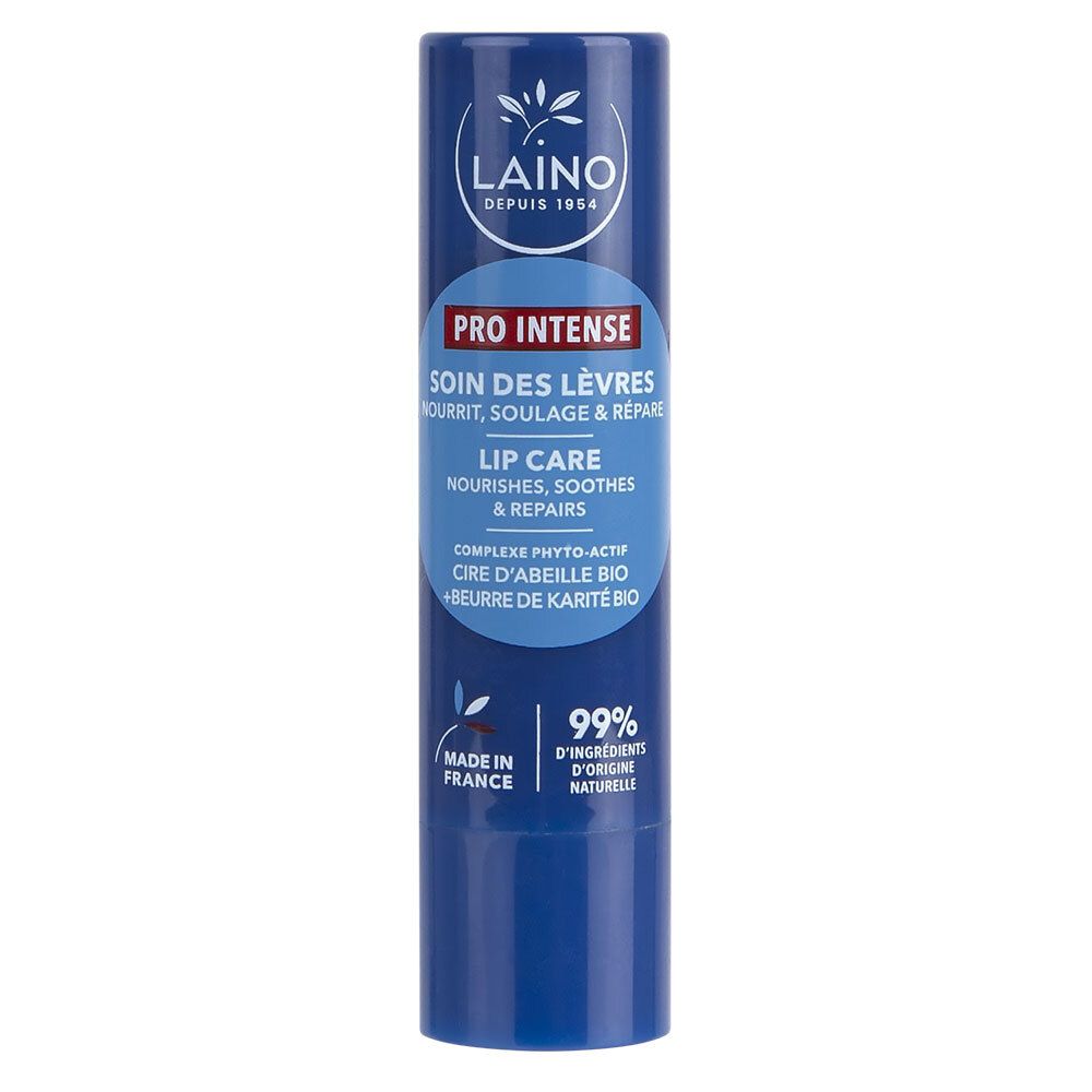 Stick de soin des lèvres bleu. Texte: LAINO, PRO INTENSE, SOIN DES LÈVRES, LIP CARE, 99% d'ingrédients d'origine naturelle.