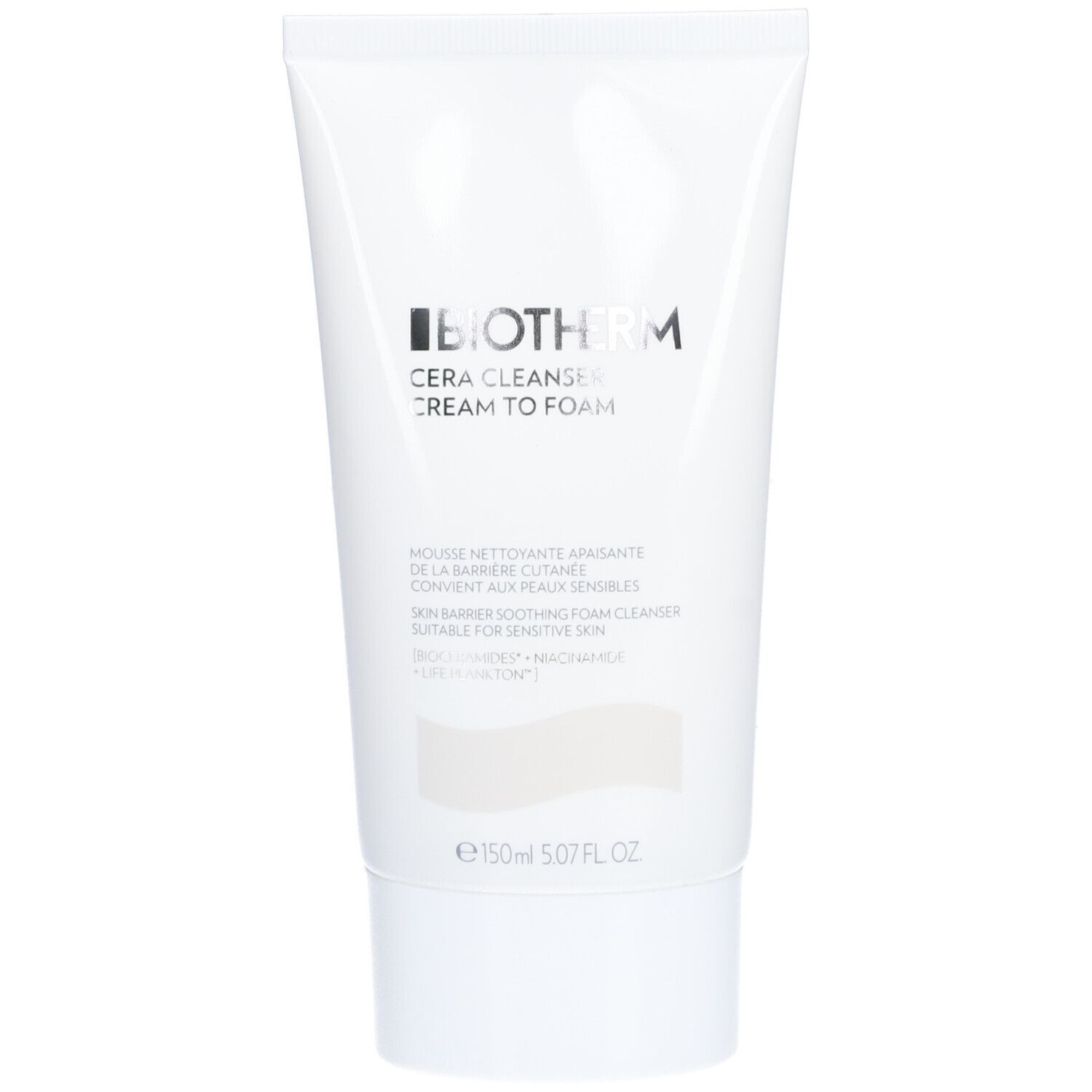 Tube blanc BIOTHERM Cera Cleanse Cream to Foam. Texte en français et anglais. Contenance: 150ml.