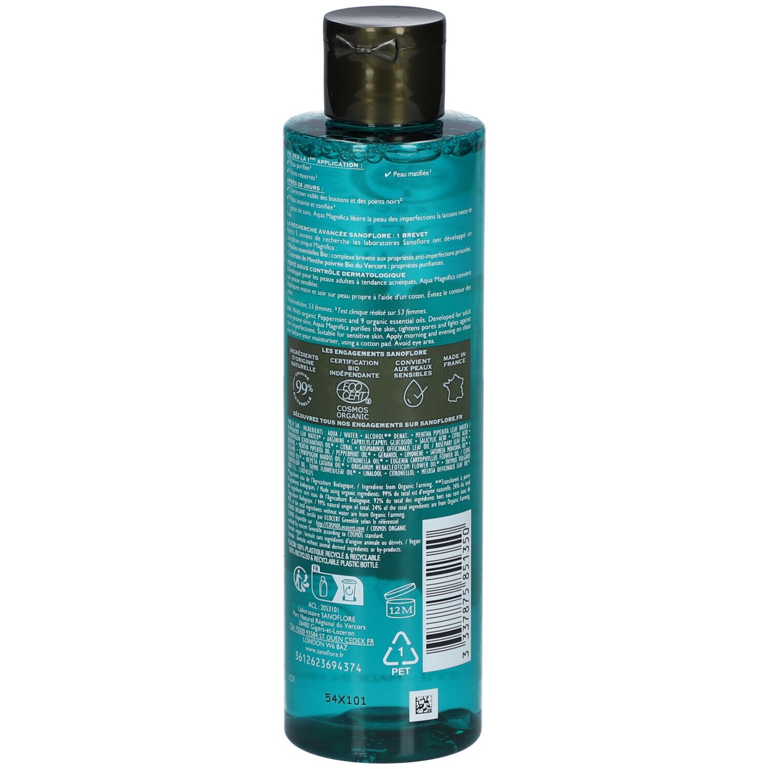 Flacon Sanoflore Aqua Magnifica. Dos avec texte, logos et code-barres. Liquide turquoise.