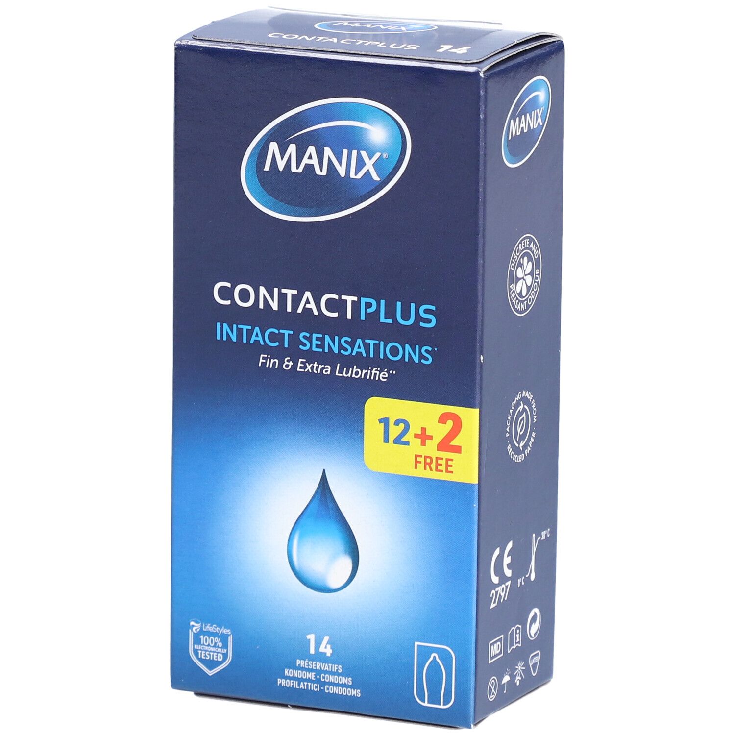 Boîte bleue et blanche. MANIX Contact Plus Intact Sensations. 12+2 gratuits. 14 préservatifs. Illustration goutte. Testé à 100%.