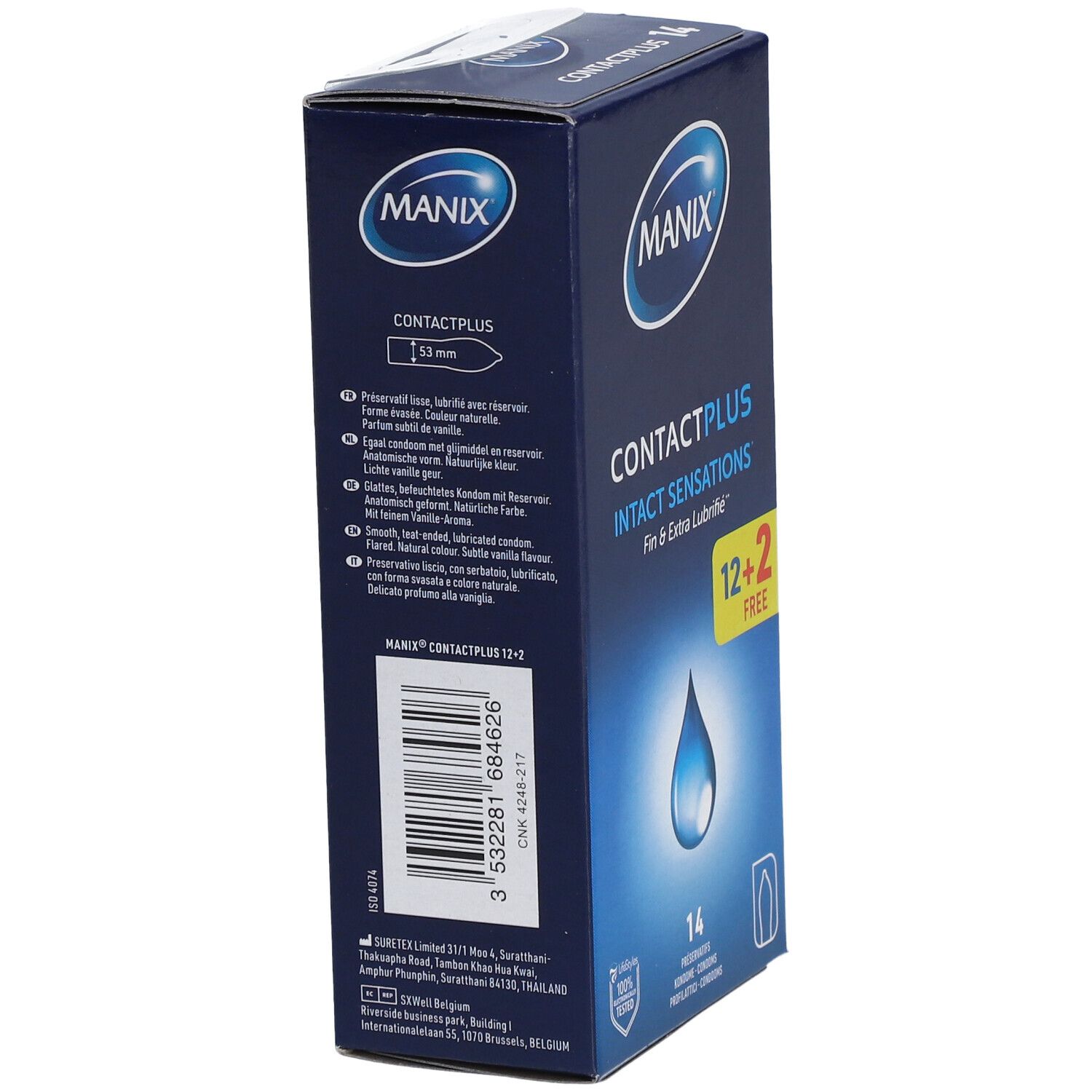 Boîte bleue, côté avec informations produit. MANIX Contact Plus. 14 préservatifs. Texte multilingue. 53mm.