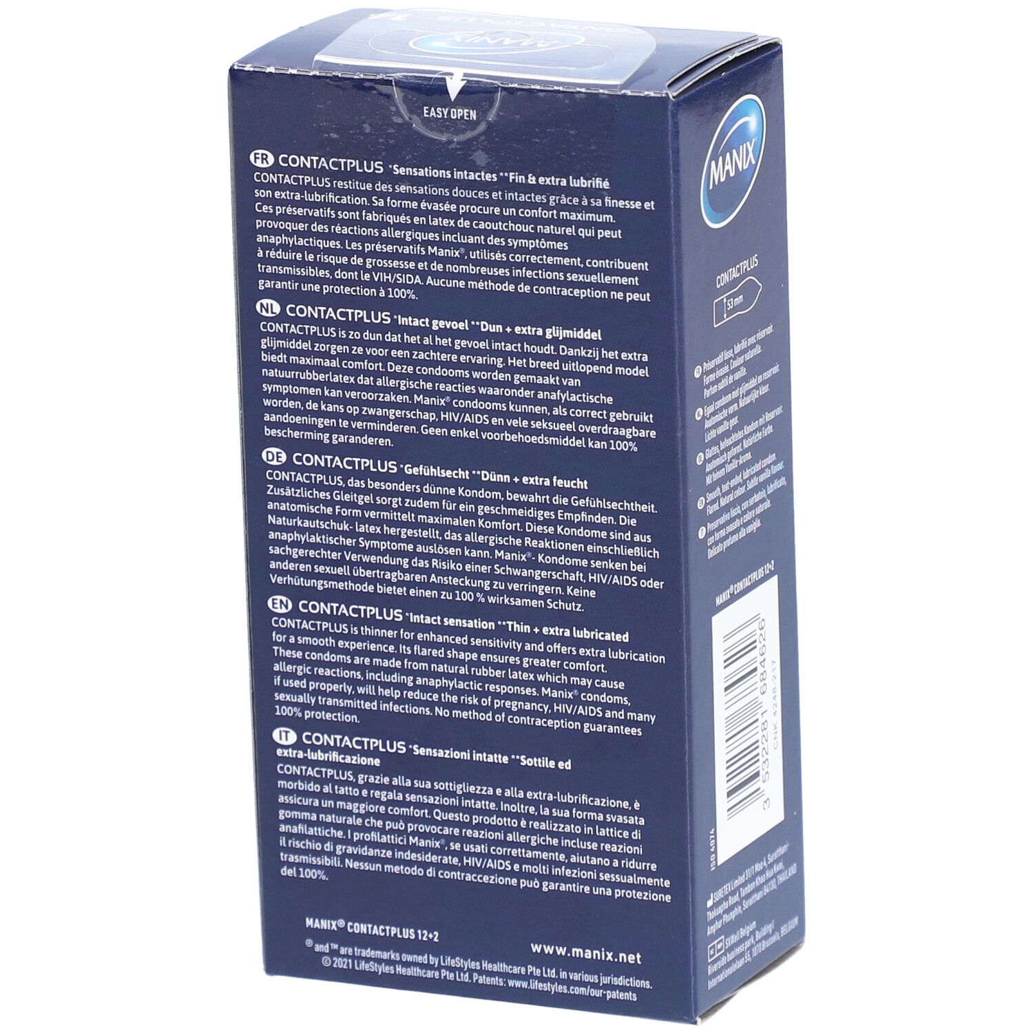 Boîte bleue, dos avec texte. MANIX Contact Plus. Texte multilingue. Easy Open.