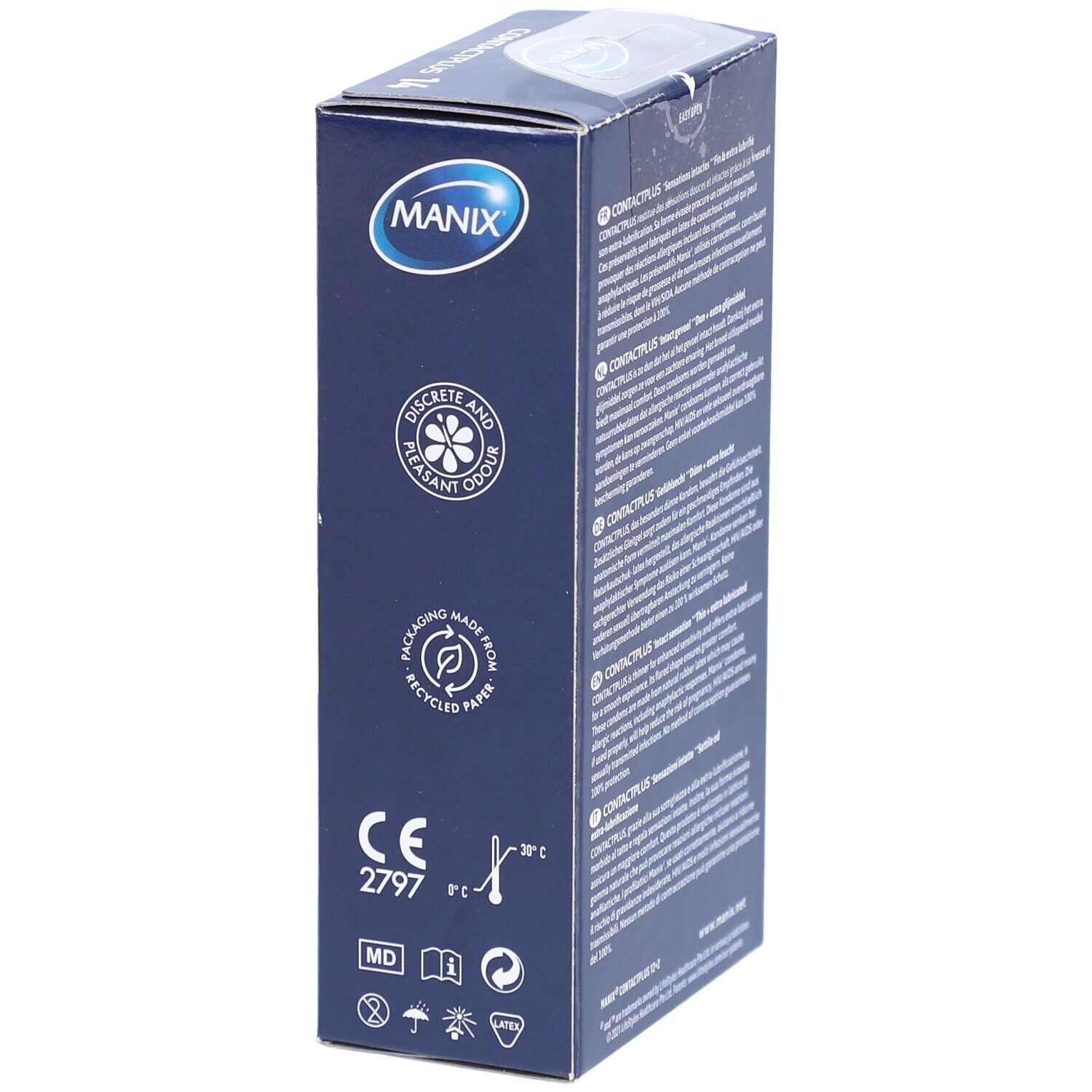 Boîte bleue, côté avec texte et logos. MANIX. Papier recyclé. CE 2797.
