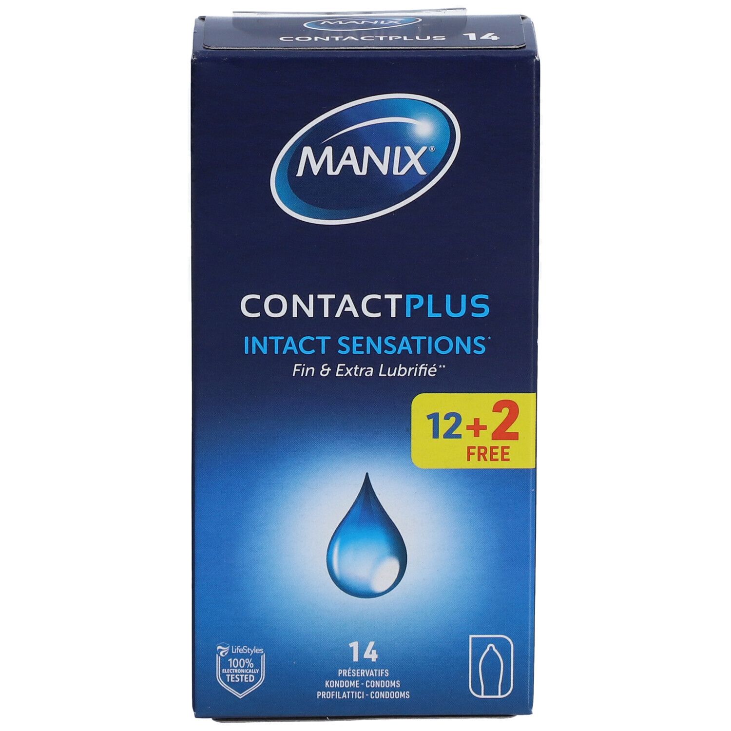 Boîte bleue. MANIX Contact Plus Intact Sensations. 12+2 gratuits. 14 préservatifs. Illustration goutte. Testé à 100%.