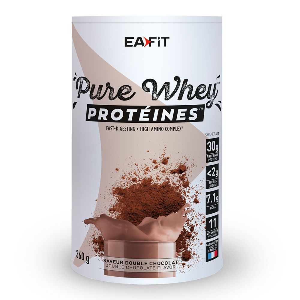 Boîte cylindrique EA FIT Pure Whey Protéines. Saveur double chocolat. Contient 30g protéines, <2g sucres, 7.1g BCAA, 11 vitamines.