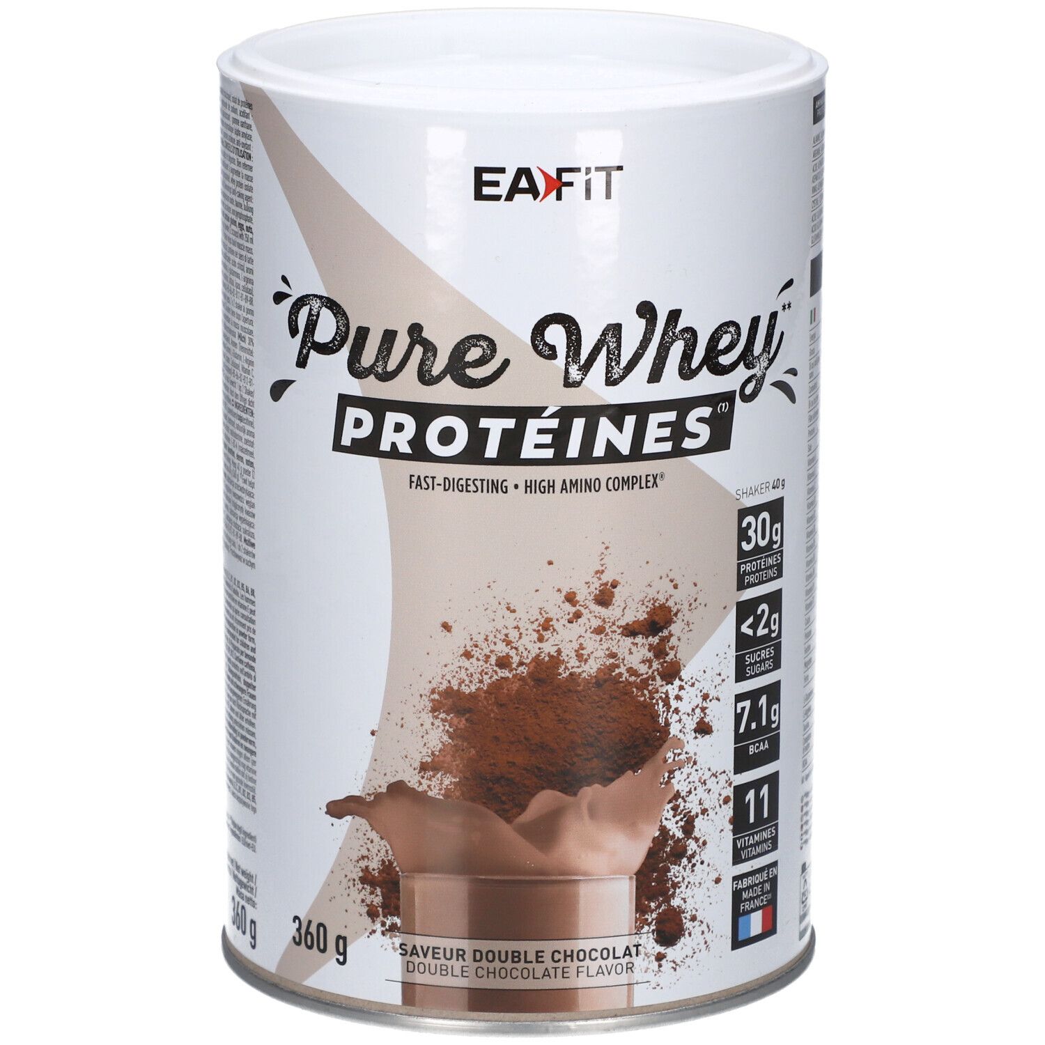 Boîte EA-FIT Pure Whey Protéines. Saveur double chocolat. 360g. Contient 30g protéines, <2g sucres, 7.1g BCAA, 11 vitamines. Drapeau français.