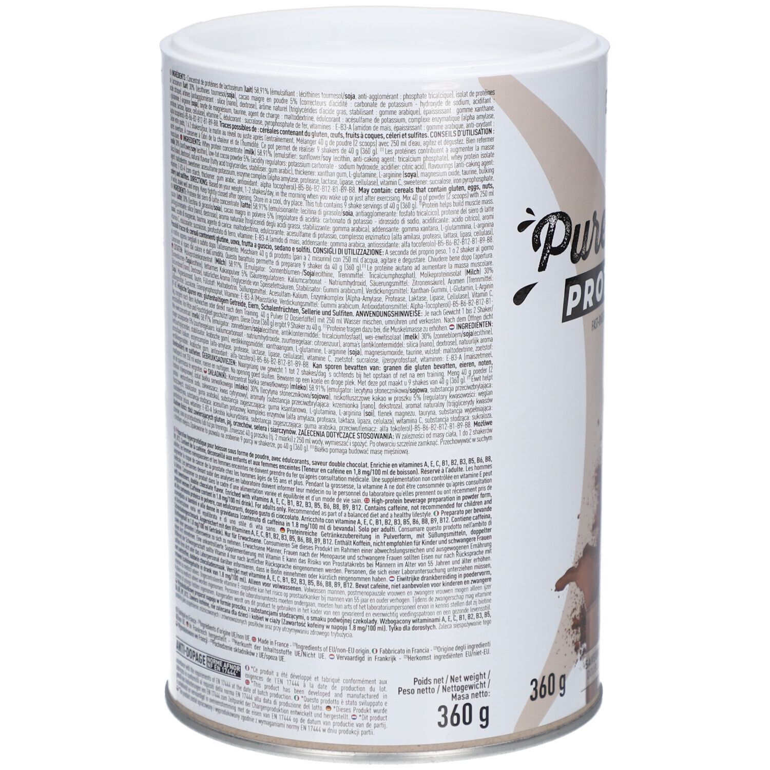 Boîte EA-FIT Pure Whey Protéines. Dos avec texte. 360g. Contient informations nutritionnelles, liste ingrédients, informations fabricant. Drapeau français.