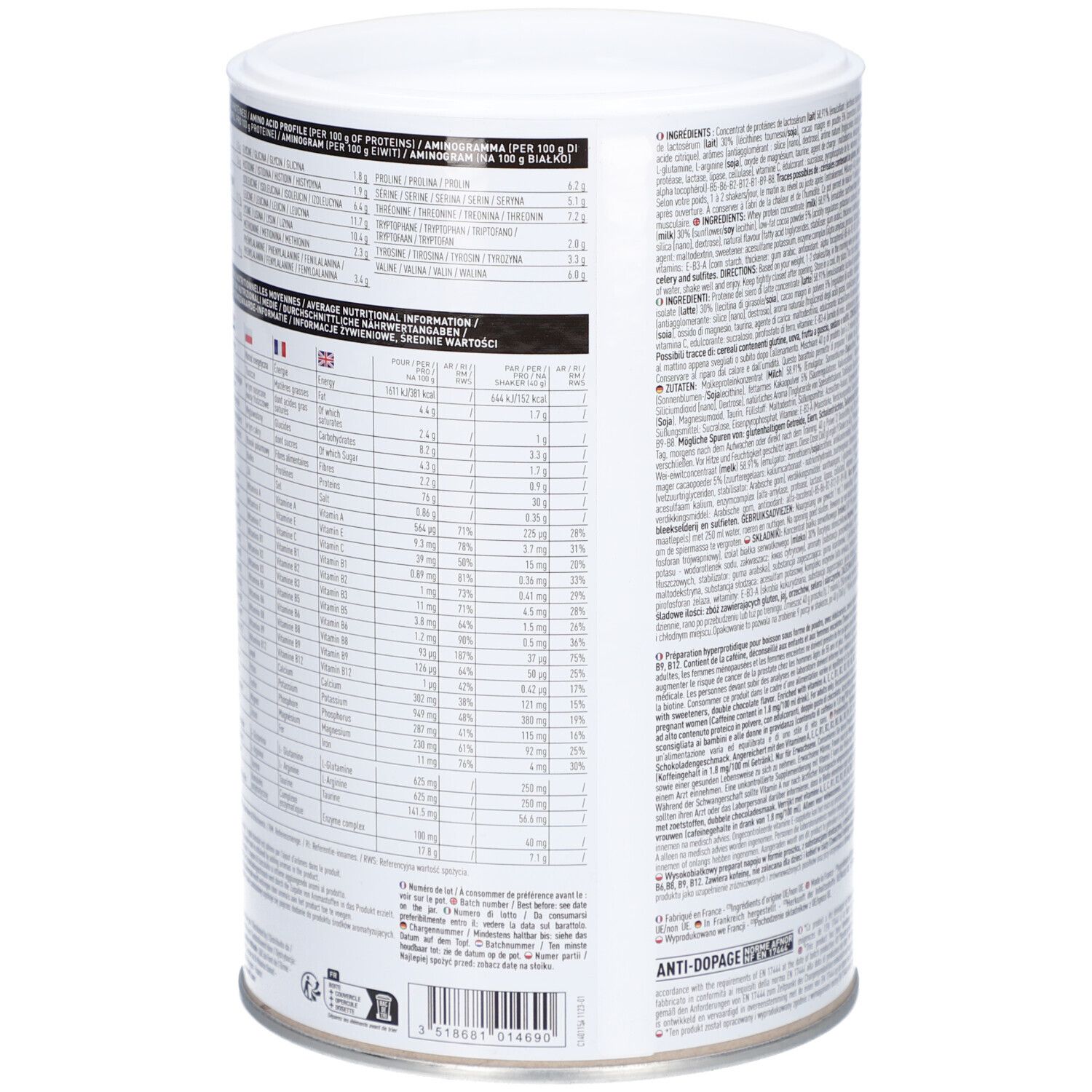 Boîte EA-FIT Pure Whey Protéines. Dos avec informations nutritionnelles. 360g. Contient tableau nutritionnel, liste ingrédients, informations fabricant. Drapeau français.