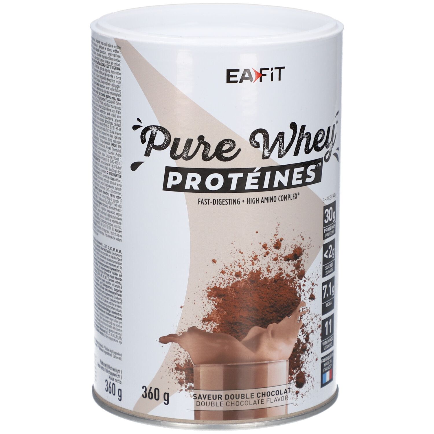 Boîte EA-FIT Pure Whey Protéines. Saveur double chocolat. 360g. Contient 30g protéines, <2g sucres, 7.1g BCAA, 11 vitamines. Drapeau français.