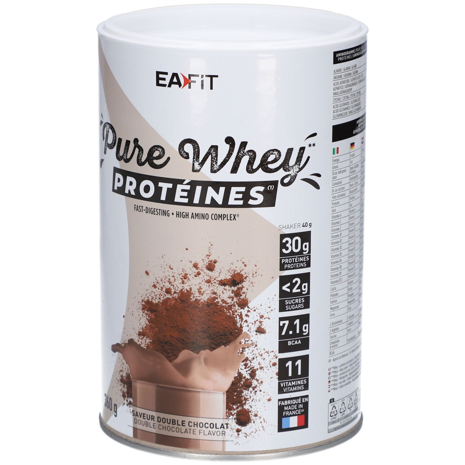 Boîte EA-FIT Pure Whey Protéines. Saveur double chocolat. 360g. Contient 30g protéines, <2g sucres, 7.1g BCAA, 11 vitamines. Drapeau français.