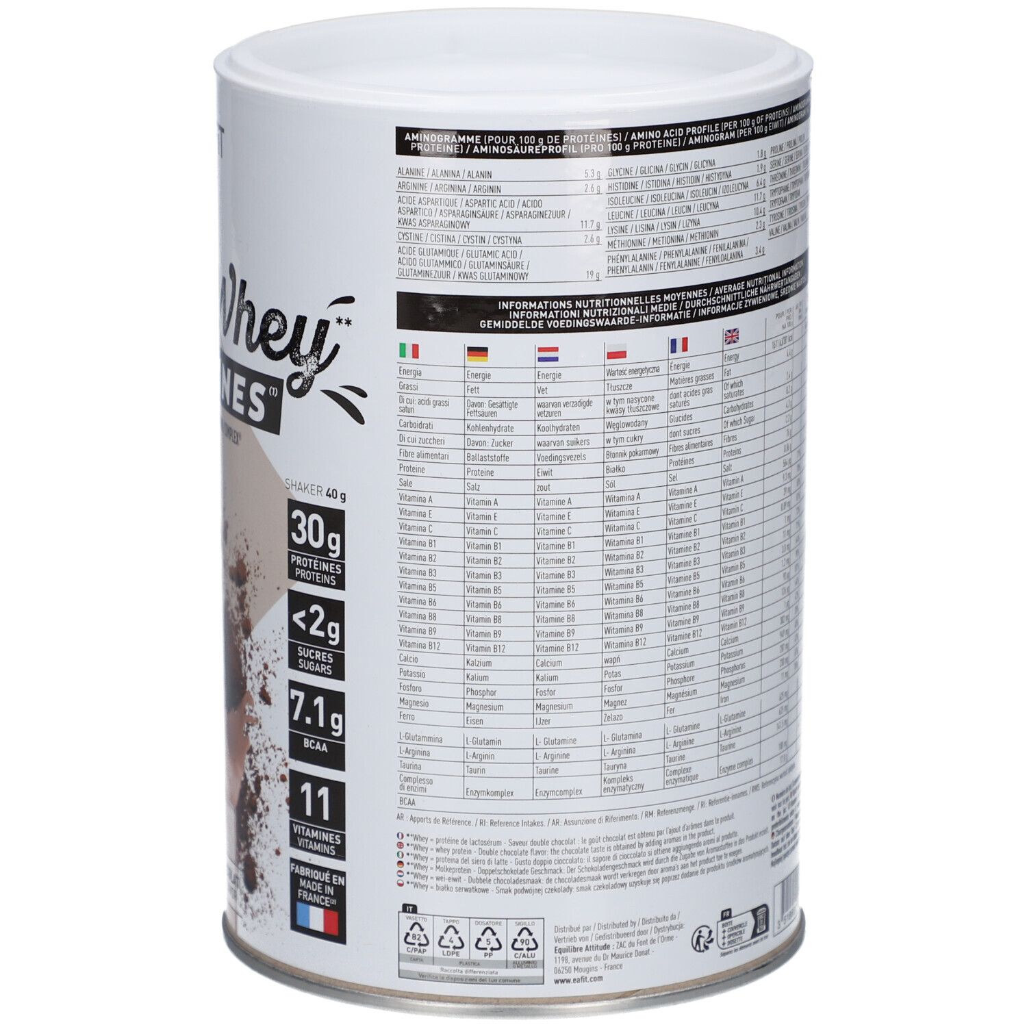 Boîte EA-FIT Pure Whey Protéines. Dos avec informations nutritionnelles. 360g. Contient tableau nutritionnel, liste ingrédients, informations fabricant. Drapeau français.