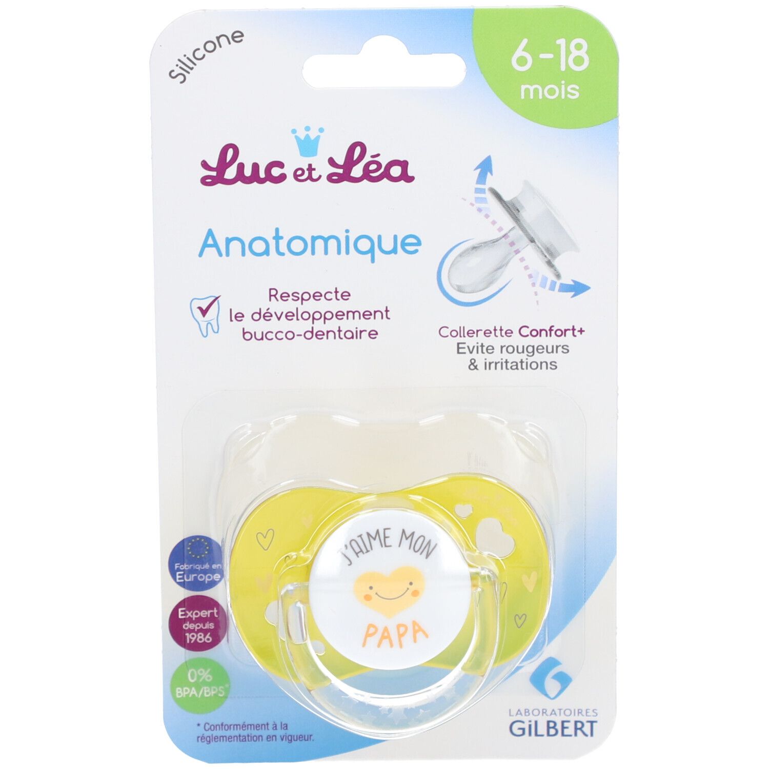 Sucette anatomique jaune avec inscription "J'aime mon papa". Pour 6-18 mois. Emballage avec logo et texte.
