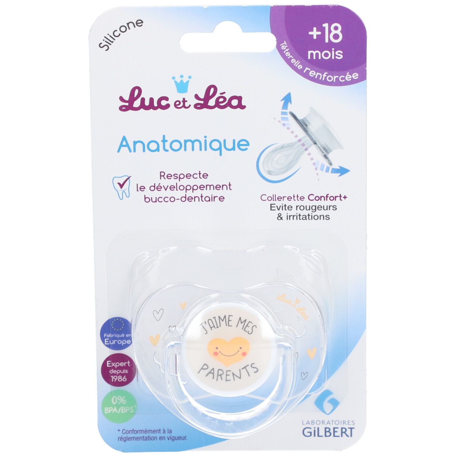 Sucette anatomique Luc et Léa, emballage. Inscription "J'aime mes parents". Pour bébés +18 mois. En silicone.