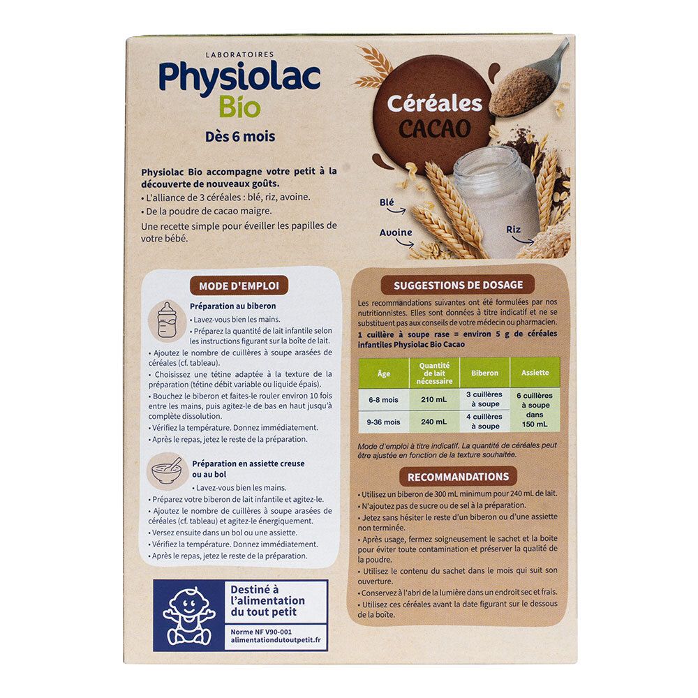 Dos de la boîte de Céréales Cacao Physiolac Bio. Informations de préparation et dosage. Avec label AB.