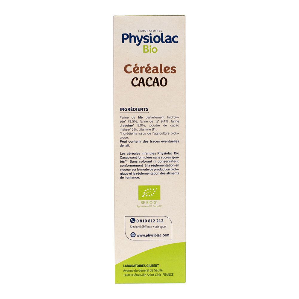 Vue latérale de la boîte de Céréales Cacao Physiolac Bio. Liste des ingrédients. Label AB. Coordonnées.