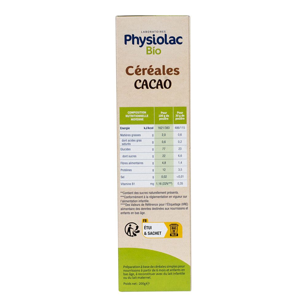 Vue latérale de la boîte de Céréales Cacao Physiolac Bio. Tableau nutritionnel. Label AB. Informations.