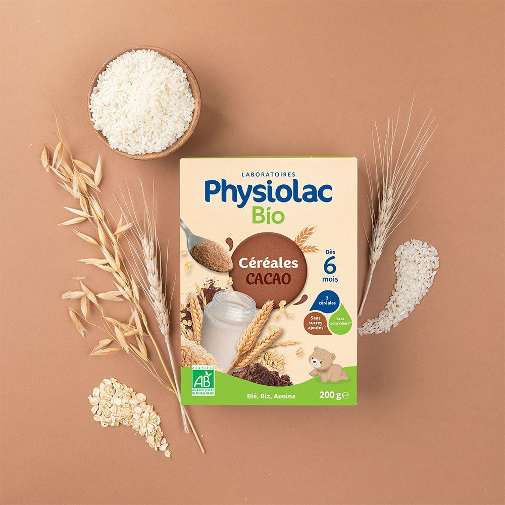 Boîte de Céréales Cacao Physiolac Bio entourée d'ingrédients. Label AB. 200g. Dès 6 mois.