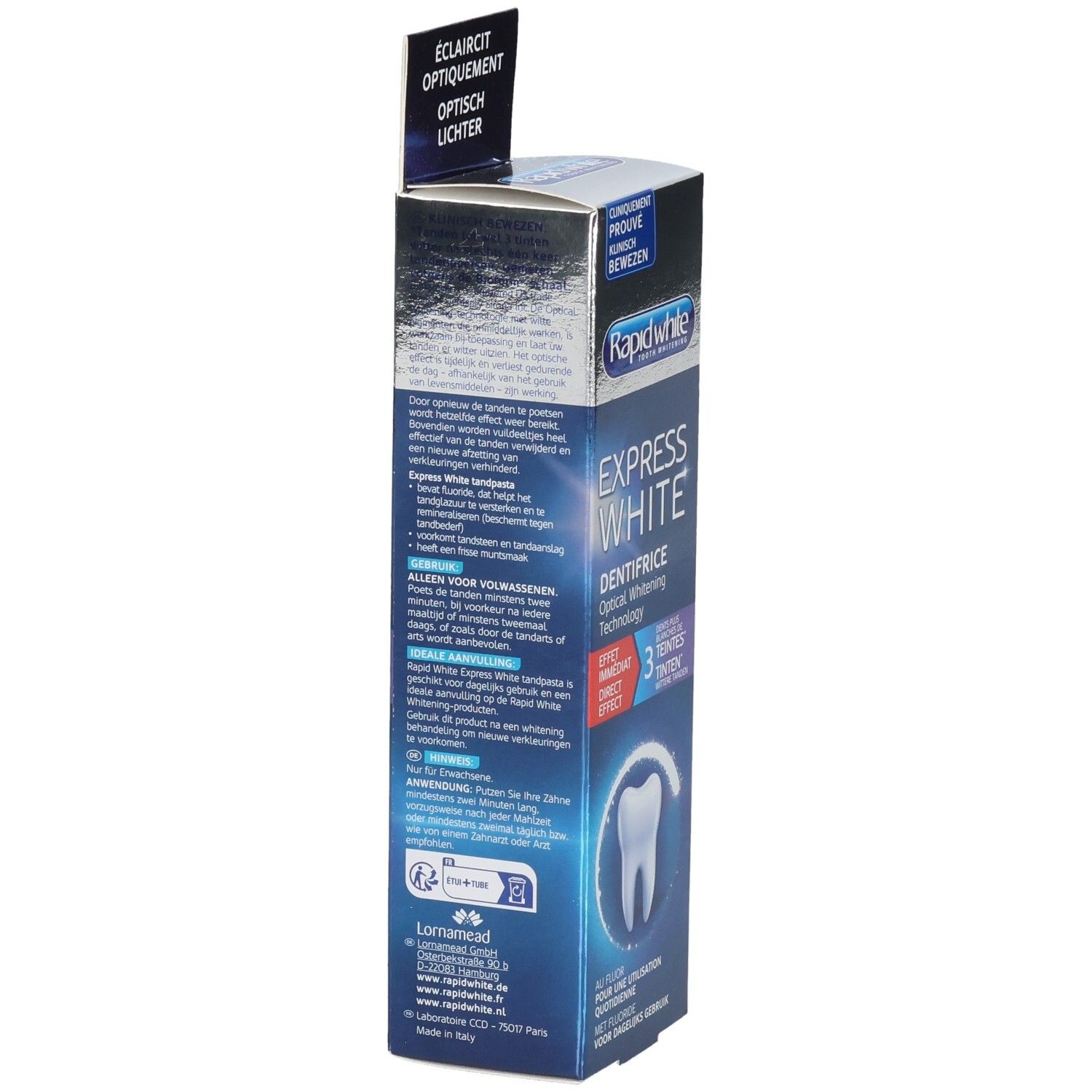 Arrière de l'emballage du dentifrice CCD Express White avec informations produit.