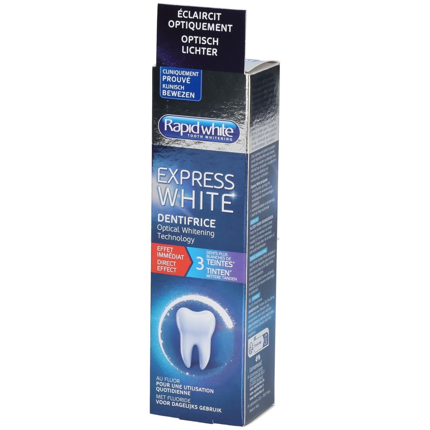 Avant de l'emballage du dentifrice CCD Express White, montrant une image de dent.