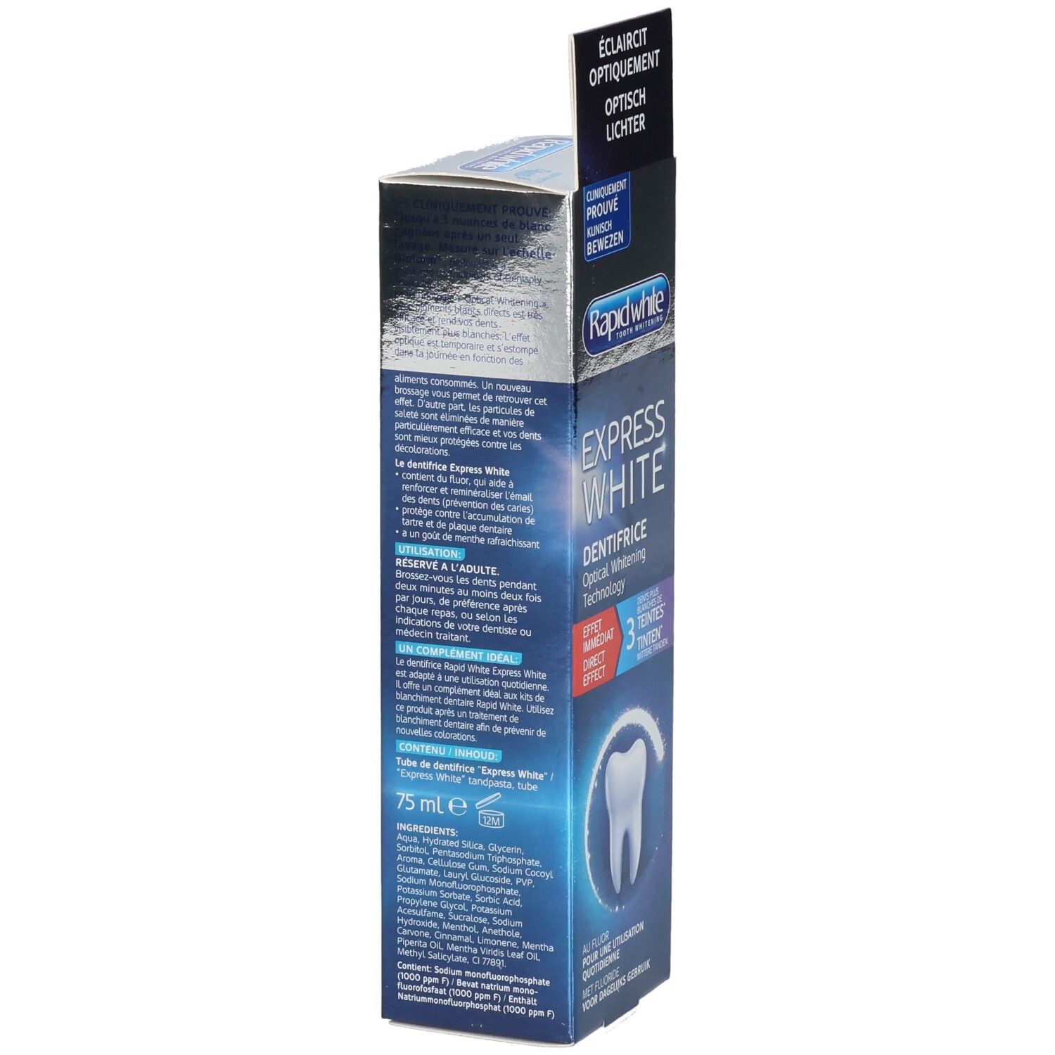 Vue latérale de l'emballage du dentifrice CCD Express White, indiquant 75ml.
