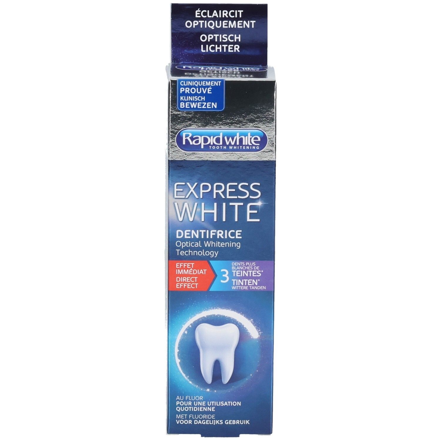 Emballage du dentifrice CCD Express White, accent sur l'effet immédiat.