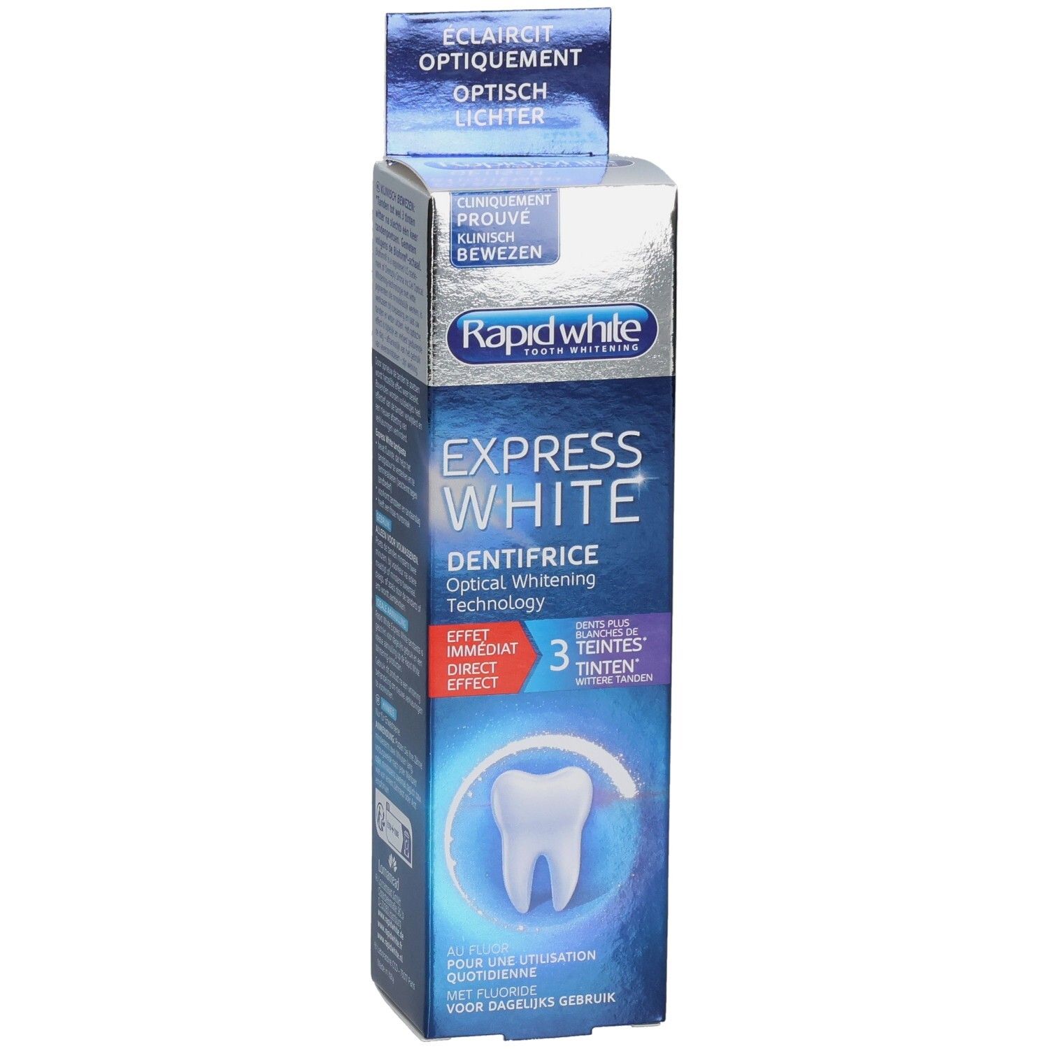 Emballage du dentifrice CCD Express White, montrant un éclaircissement de 3 teintes.