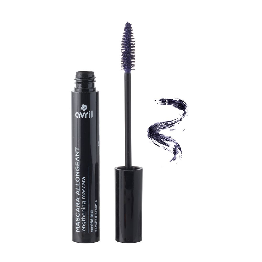 Brosse à mascara noire avec poils violets à côté d'une trace de mascara. Tube de mascara noir avec texte: MASCARA ALLONGEANT lengthening mascara.