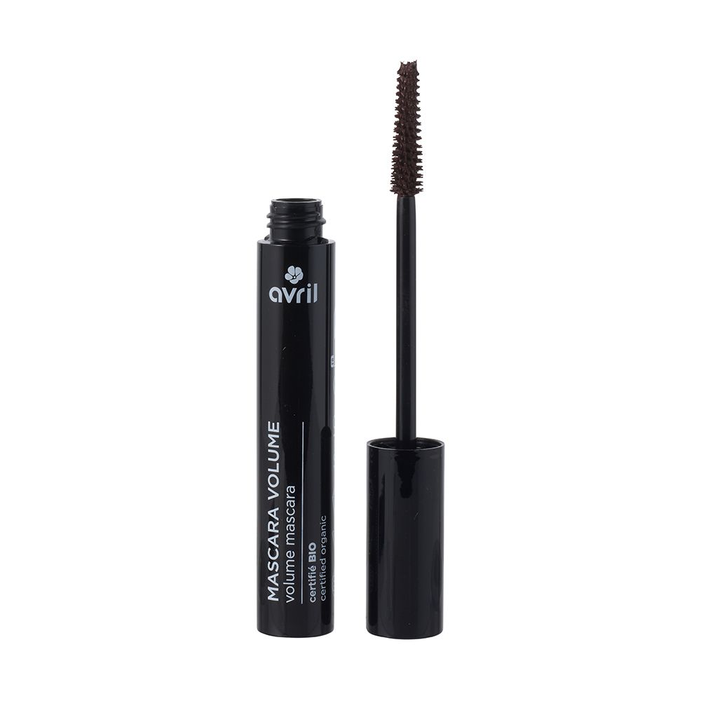 Brosse et flacon de mascara noir. Inscription: Avril, Mascara Volume, Marron Certifié BIO.
