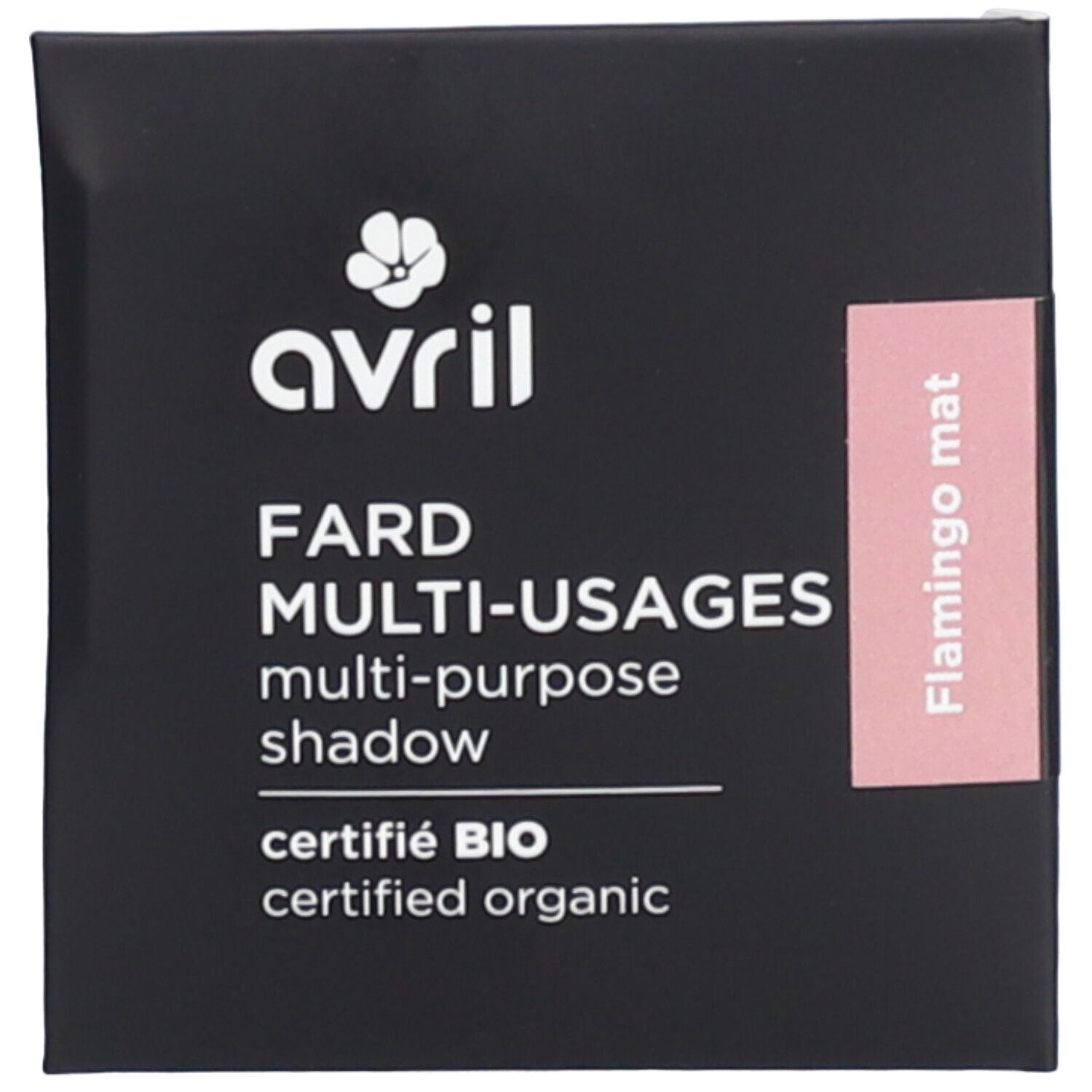 Boîte noire avec logo "Avril" blanc. Texte "Fard Multi-Usages" et "certifié BIO". Autocollant rose "Flamingo mat".