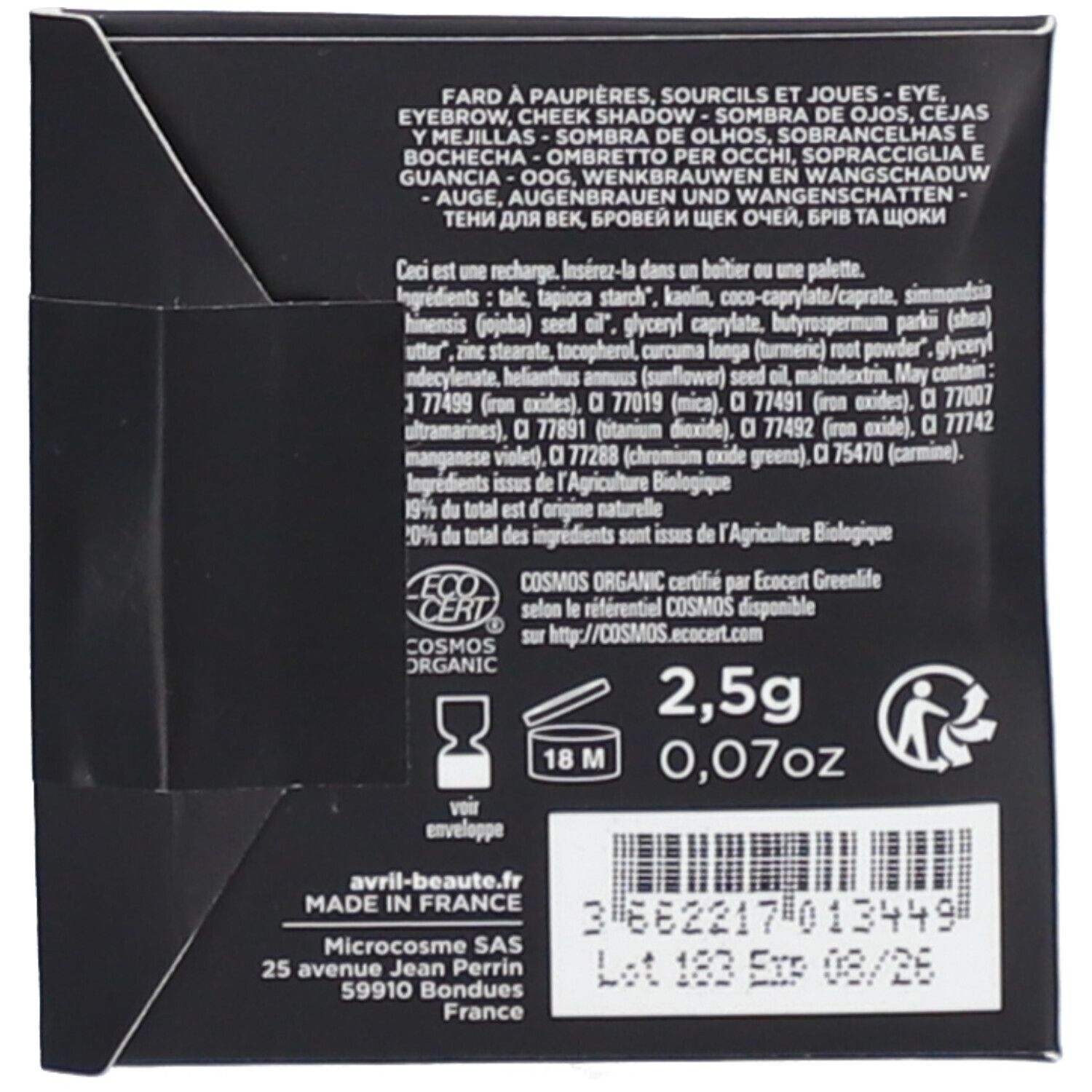 Dos de la boîte avec ingrédients et certification COSMOS ORGANIC. 2,5g/0,07oz. Durée d'utilisation après ouverture: 18M.
