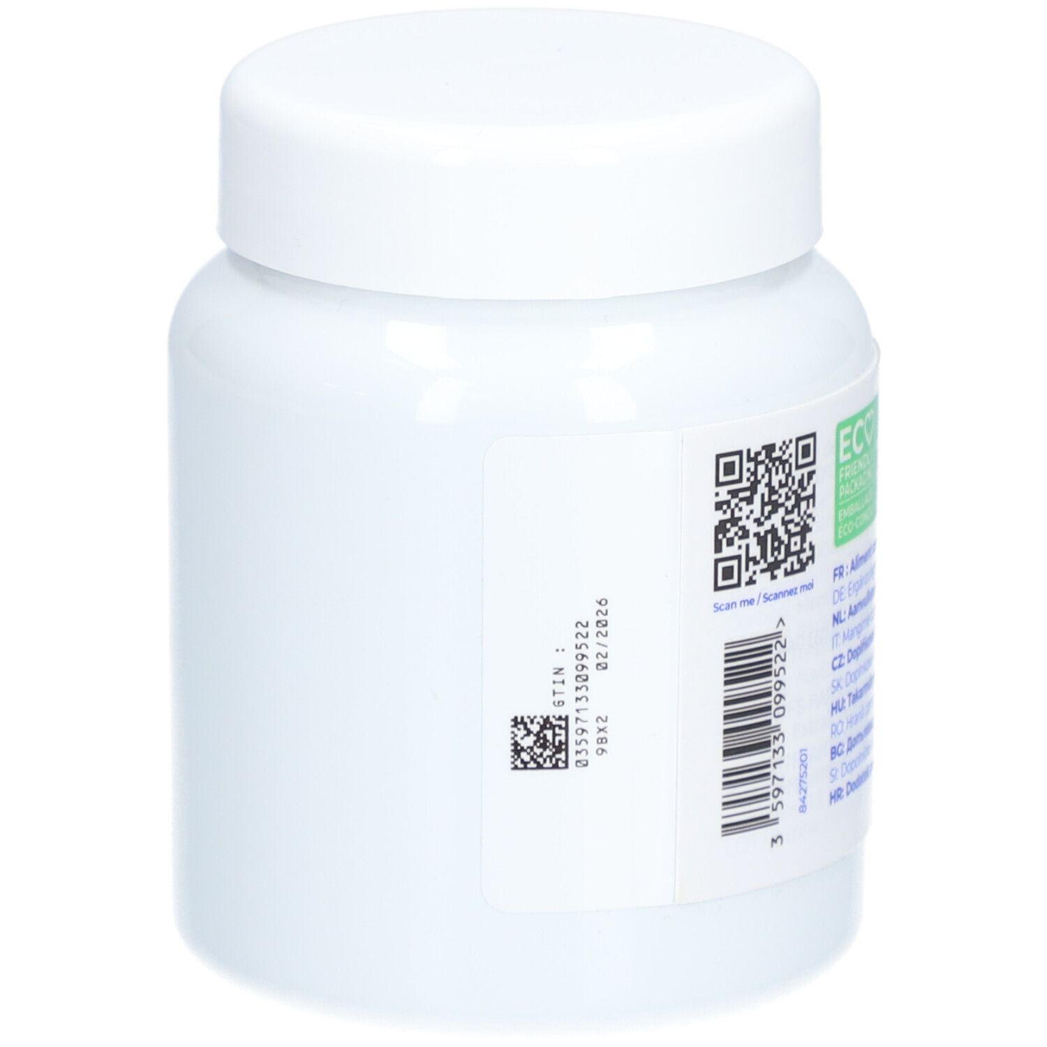 Boîte blanche avec code QR et texte. Inscription: MOVOFLEX. Emballage écologique. Texte: Aliment complémentaire. Date de péremption.