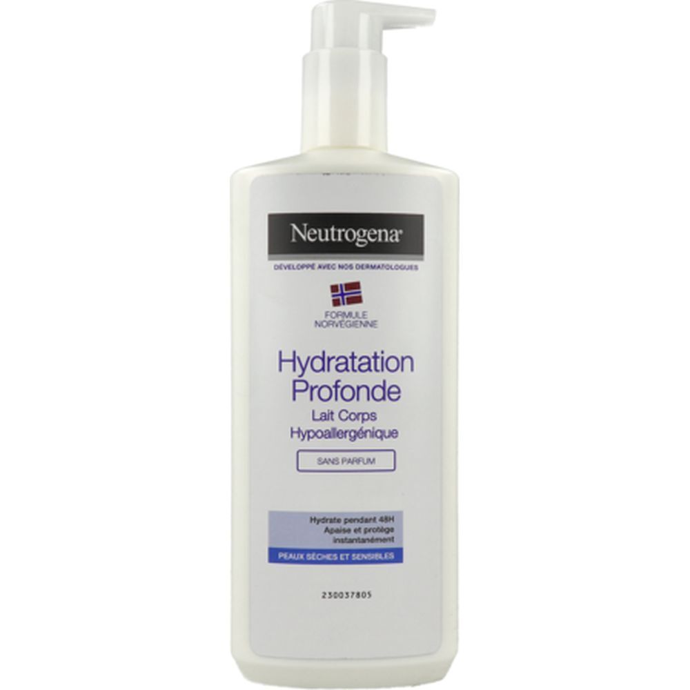 Flacon blanc avec pompe. Inscription : Neutrogena, Hydratation Profonde, Lait Corps, Hypoallergénique, sans parfum.