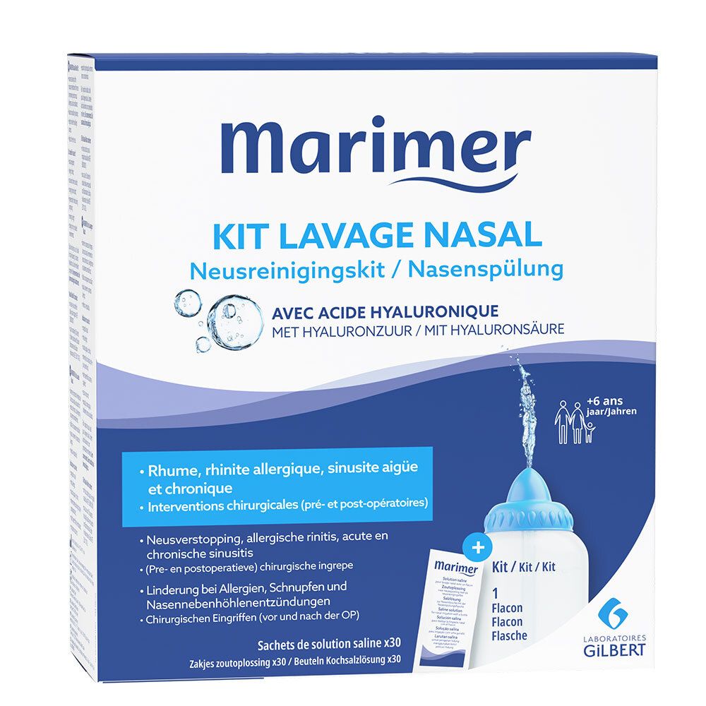 Kit de lavage nasal Marimer. Boîte bleue et blanche. Contient flacon, 30 sachets de solution saline. Avec acide hyaluronique.