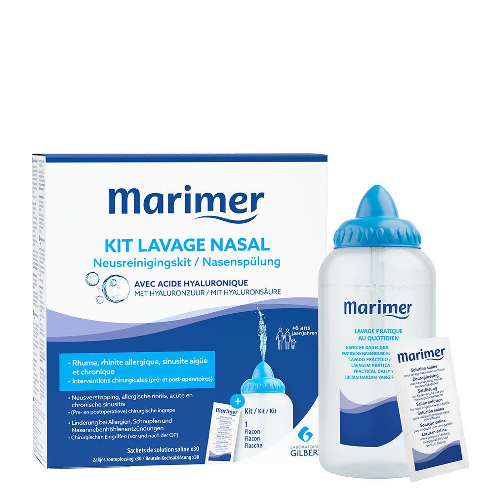 Kit de lavage nasal Marimer. Flacon bleu et blanc, 30 sachets de solution saline. Boîte à côté. Avec acide hyaluronique.