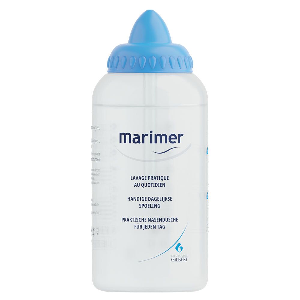 Flacon transparent avec embout bleu. Inscription Marimer. Pour lavage nasal quotidien. Logo Gilbert.