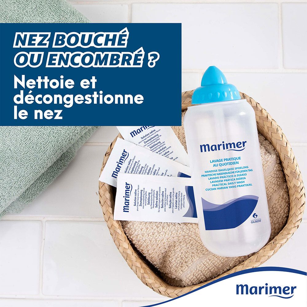 Flacon et sachets Marimer dans un panier. Texte: Nez bouché ou encombré? Nettoie et décongestionne le nez.