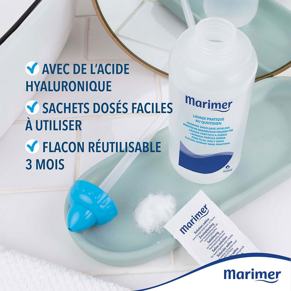 Flacon, sachets et poudre Marimer. Texte: Avec de l'acide hyaluronique, Sachets dosés faciles à utiliser, Flacon réutilisable 3 mois.