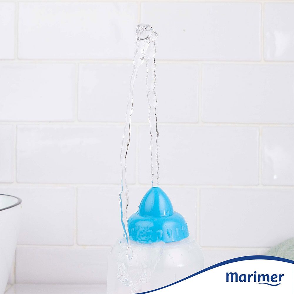 Flacon Marimer avec embout bleu, jet d'eau. Logo Gilbert.