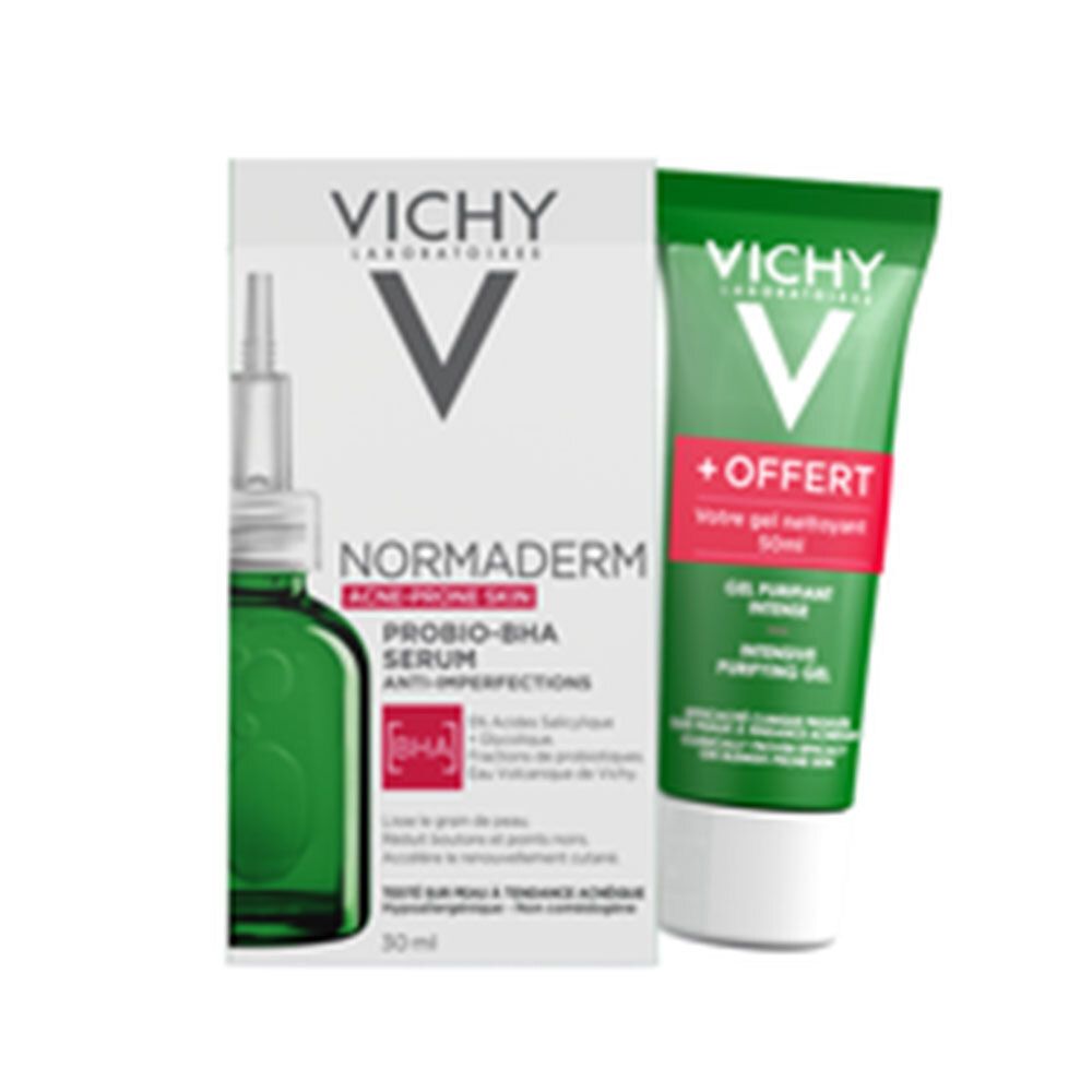 Sérum et gel nettoyant Vichy Normaderm. Flacons et emballage verts. Texte en français.