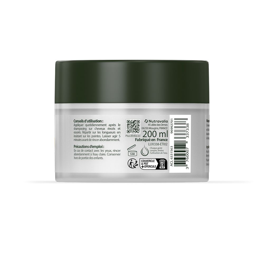 Dos du pot de crème. Texte sur l'utilisation et les précautions. Code QR et 200 ml.