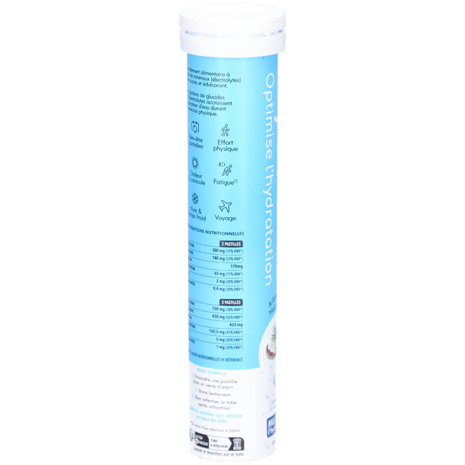 Dos du tube de comprimés. Texte: Optimise l'hydratation, informations nutritionnelles, indications: effort physique, fatigue, voyage. Ingrédients.