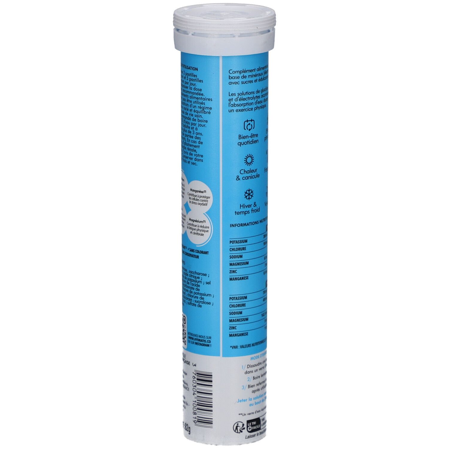 Dos du tube de comprimés. Texte: Complément alimentaire, solutions électrolytiques, indications: chaleur, froid. Minéraux.