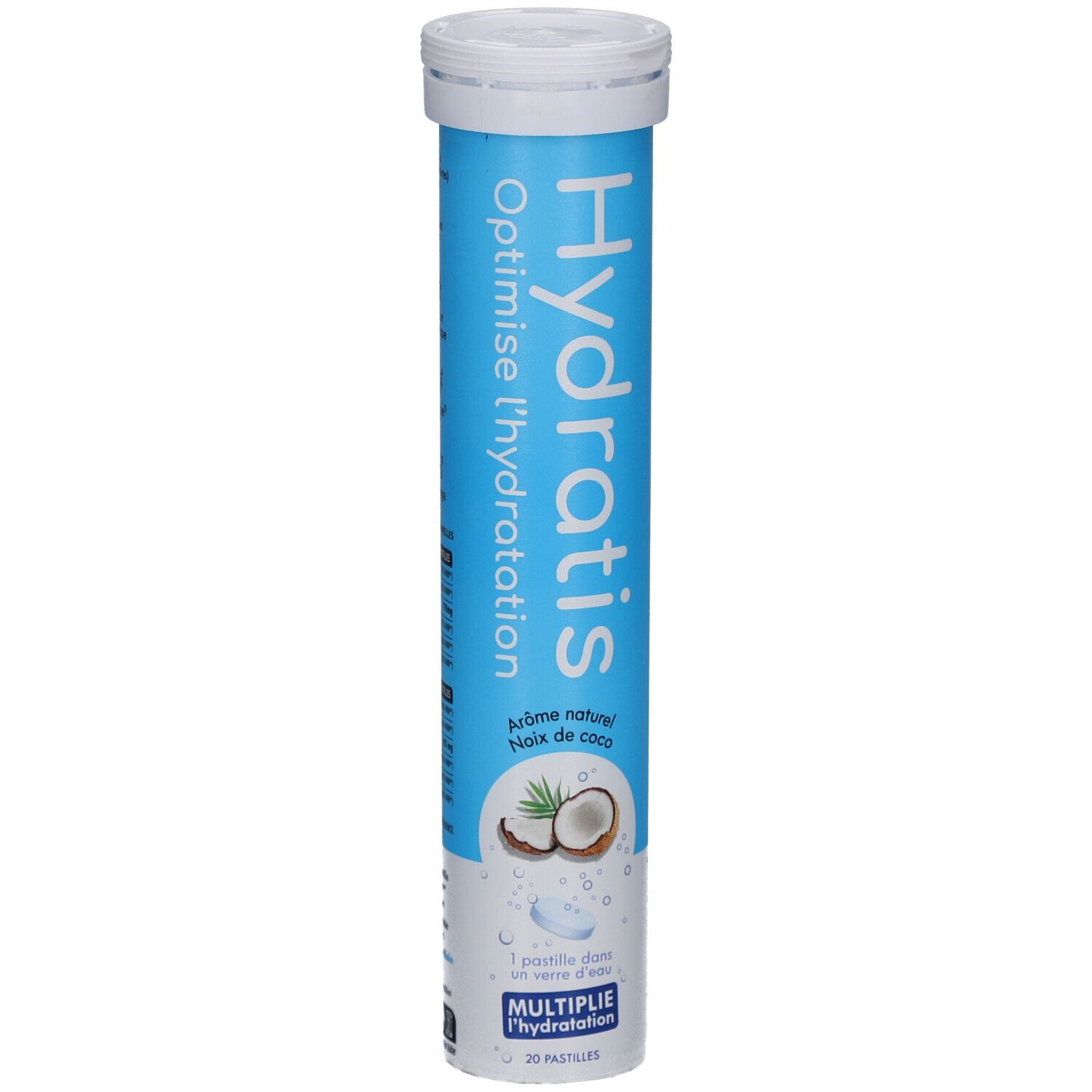Tube cylindrique de comprimés. Inscription: Hydratis, Optimise l'hydratation, Arôme naturel noix de coco. Illustration: noix de coco.