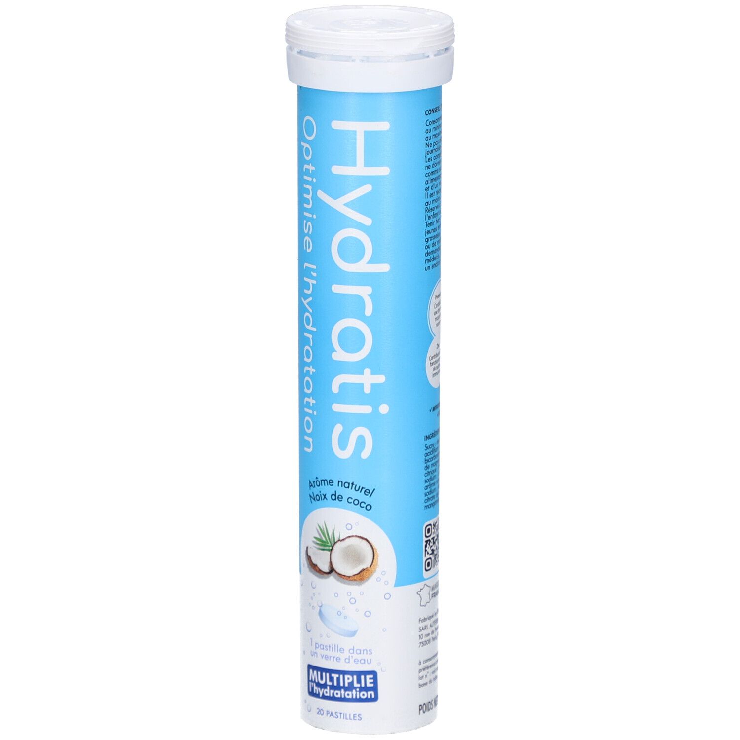 Tube cylindrique de comprimés. Inscription: Hydratis, Optimise l'hydratation, Arôme naturel noix de coco. Illustration: noix de coco.